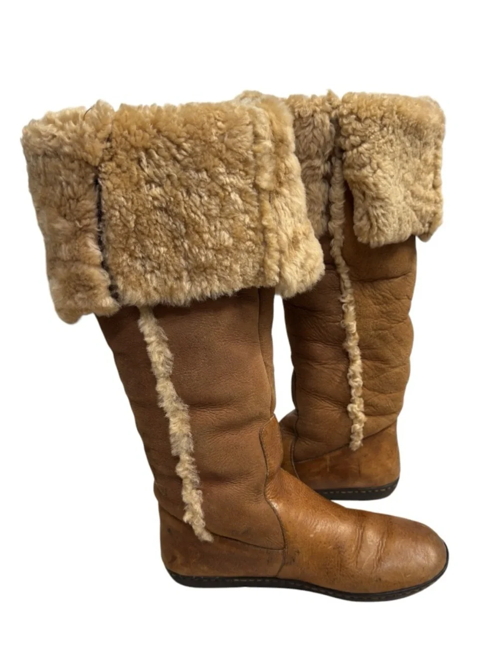 Born Shearling Leather Tall Boots Brown Winter Cozy Fold Over Size US 6